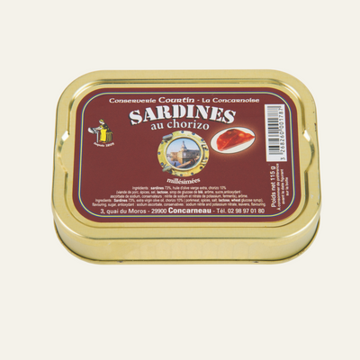 La sardine s'allie au piquant du chorizo pour un mélange subtil et équilibré qui ravira vos papilles.  Origine: Concarneau / France   Poids net: 115gr